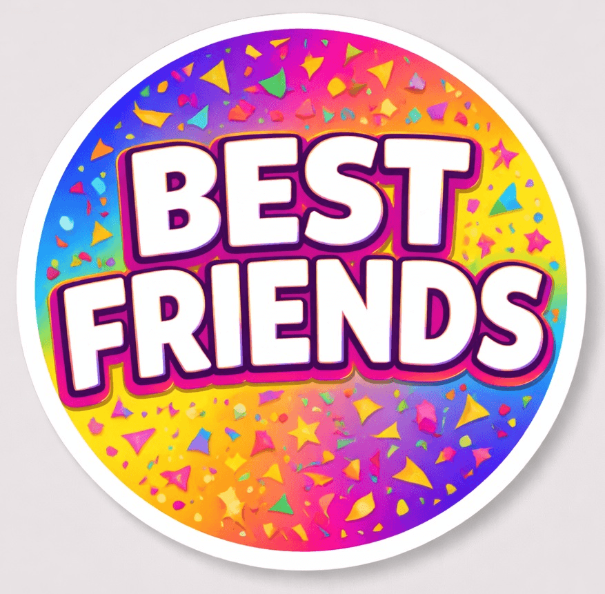 Colorful circle sticker saying 'BEST FRIENDS' with vibrant stars and confetti design, perfect for celebrations.