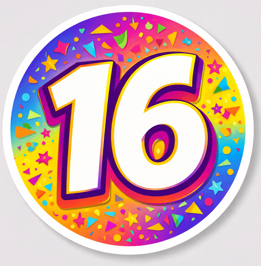 Sweet Sixteen -5 Pieces colorful photo booth props featuring a vibrant '16' design for celebrating special moments.