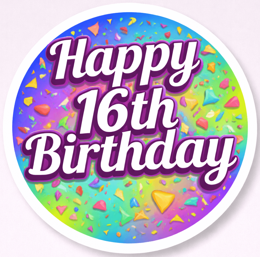Sweet Sixteen -5 Pieces Photo Booth props with colorful Happy 16th Birthday design on a vibrant background.