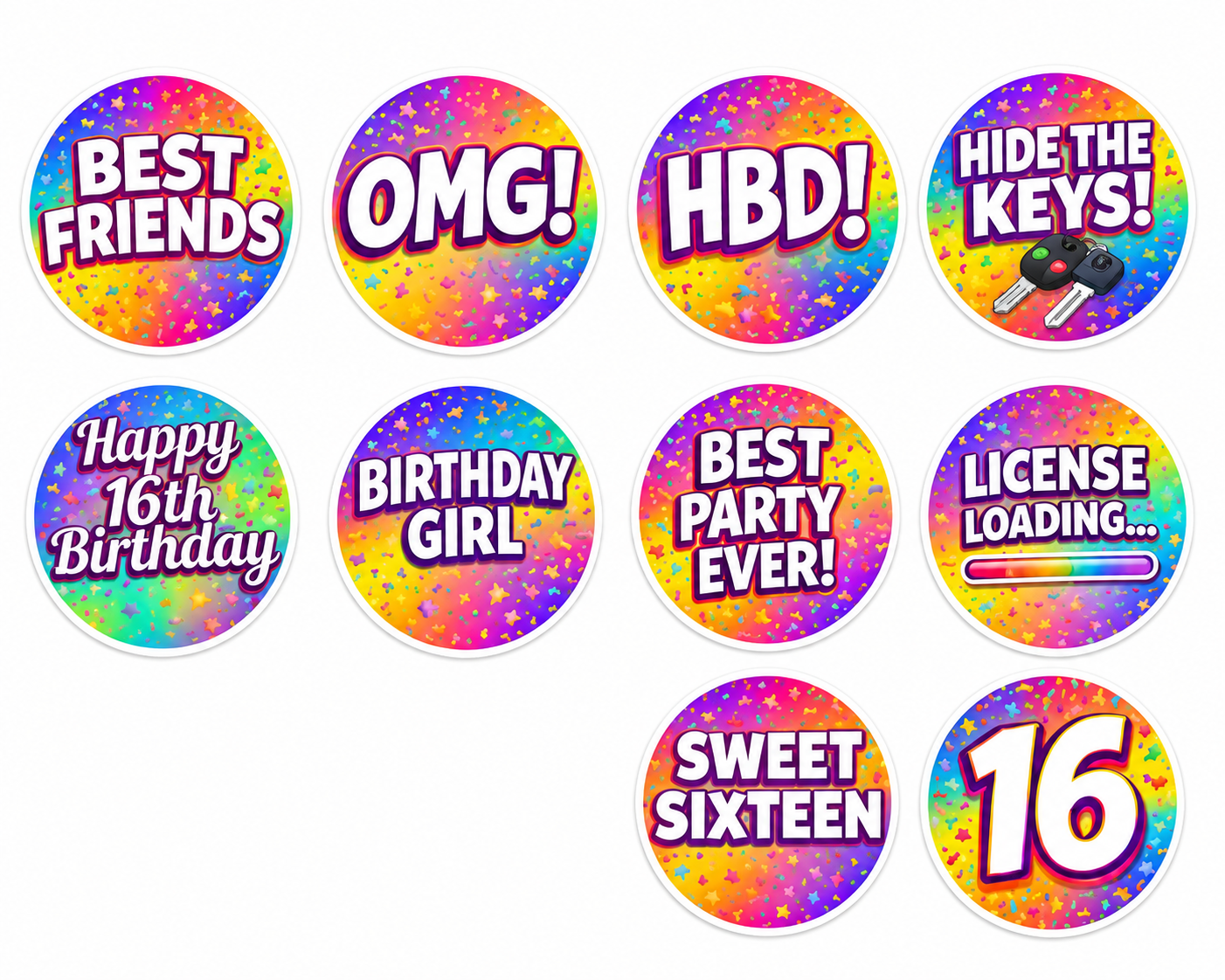 Sweet Sixteen -5 Pieces photo booth props featuring colorful circular designs with fun phrases.
