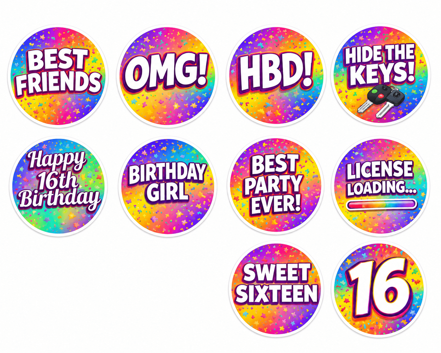 Sweet Sixteen -5 Pieces photo booth props featuring colorful circular designs with fun phrases.