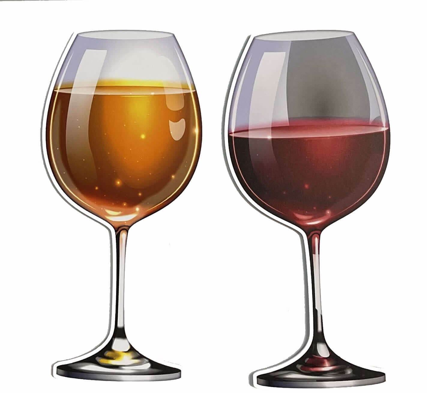Set of 2 double sided wine glass props, 12" tall, featuring colorful designs and high-quality anti-glare finish.
