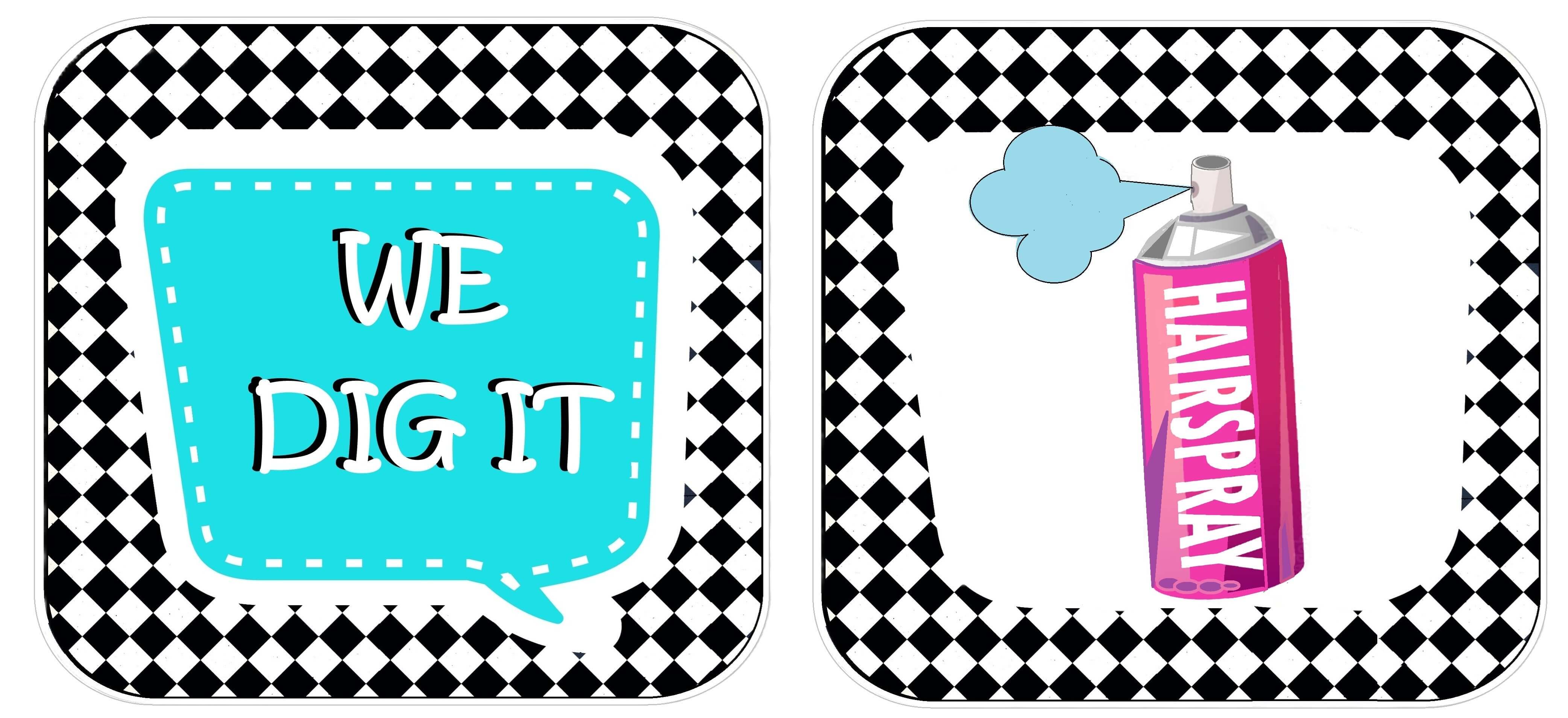 Colorful 50's Party Prop Set featuring 'We Dig It' speech bubble and hairspray can, perfect photo booth props.