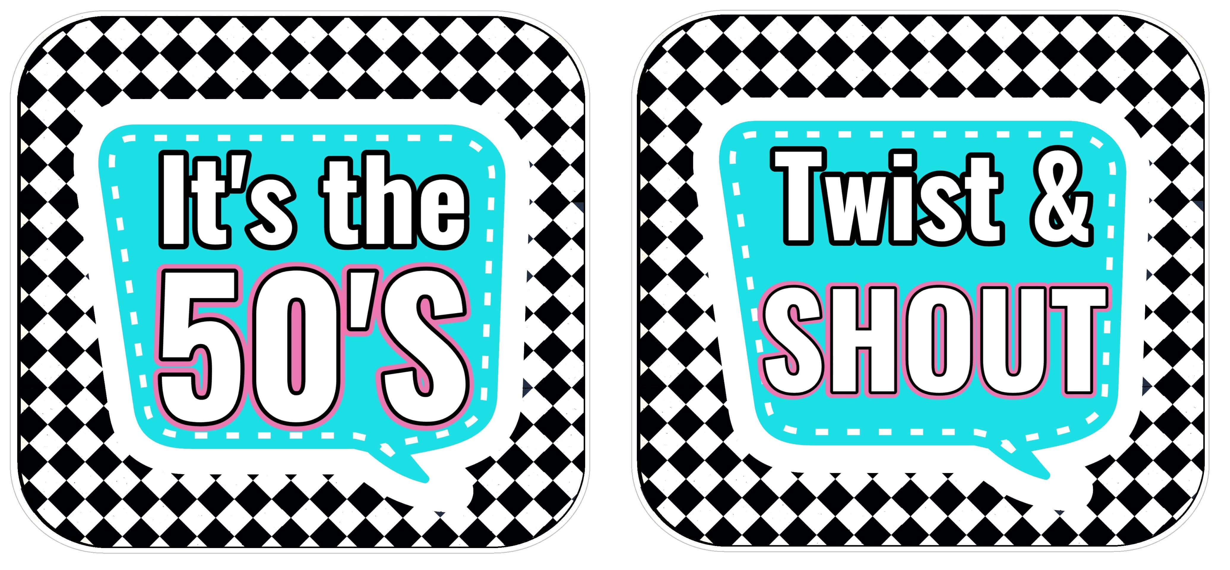 Colorful speech bubble props featuring 'It's the 50's' and 'Twist & Shout' for 50's Party Prop Set photo booth.