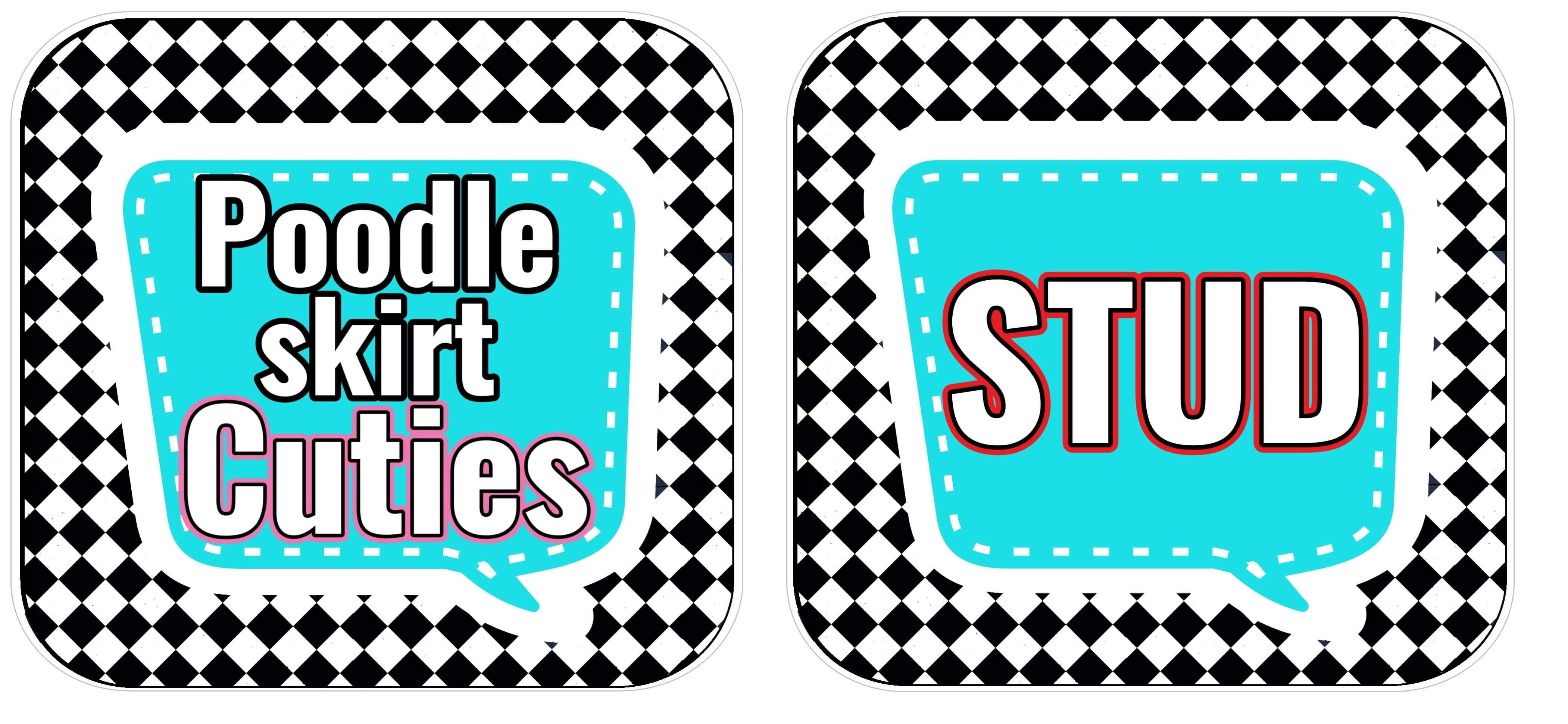 50's Party Prop Set featuring fun speech bubble props with 'Poodle skirt Cuties' and 'STUD' text for photo booth props.