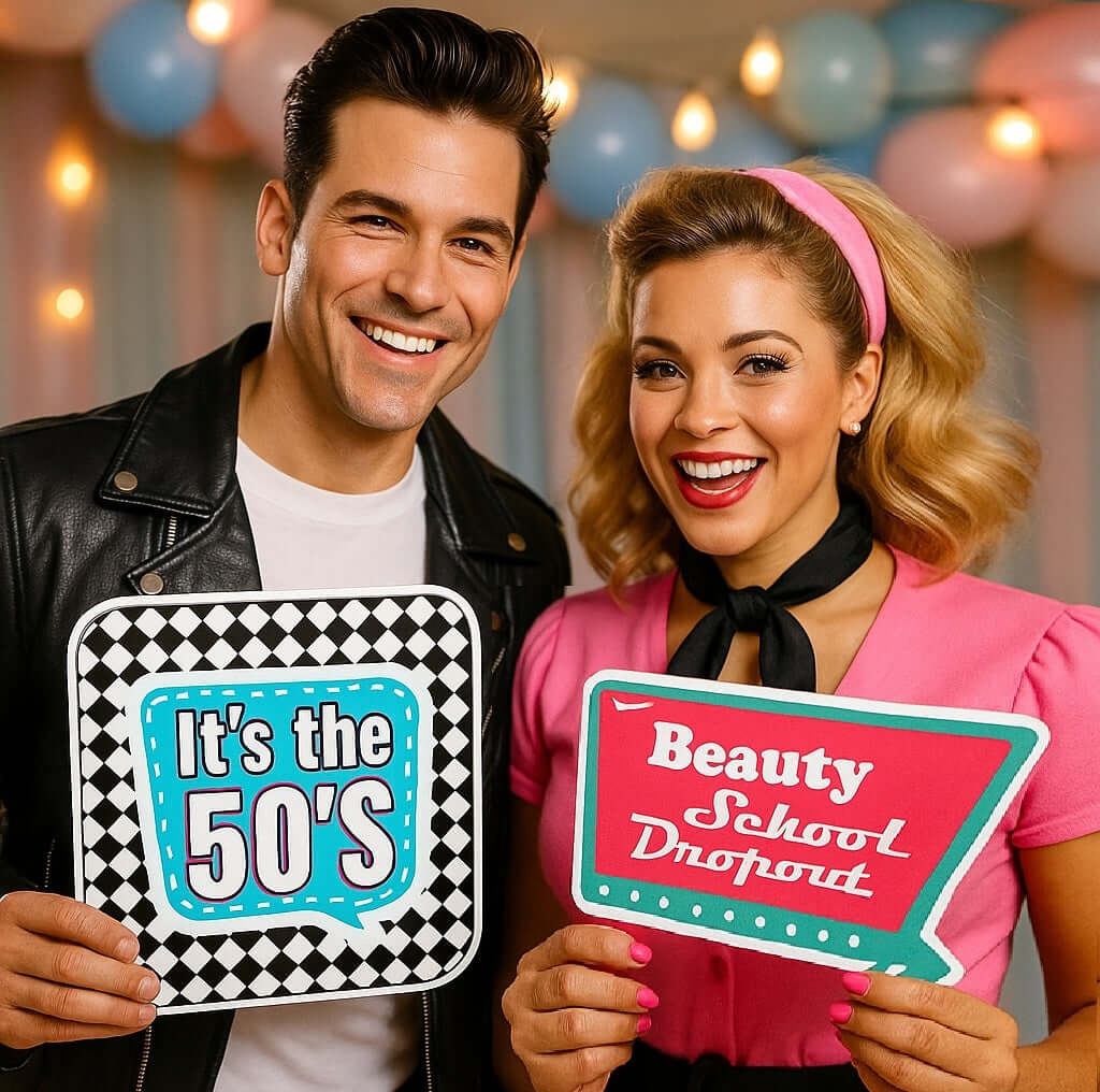 Happy couple holding colorful retro signs for 50's Party Prop Set at a photo booth.