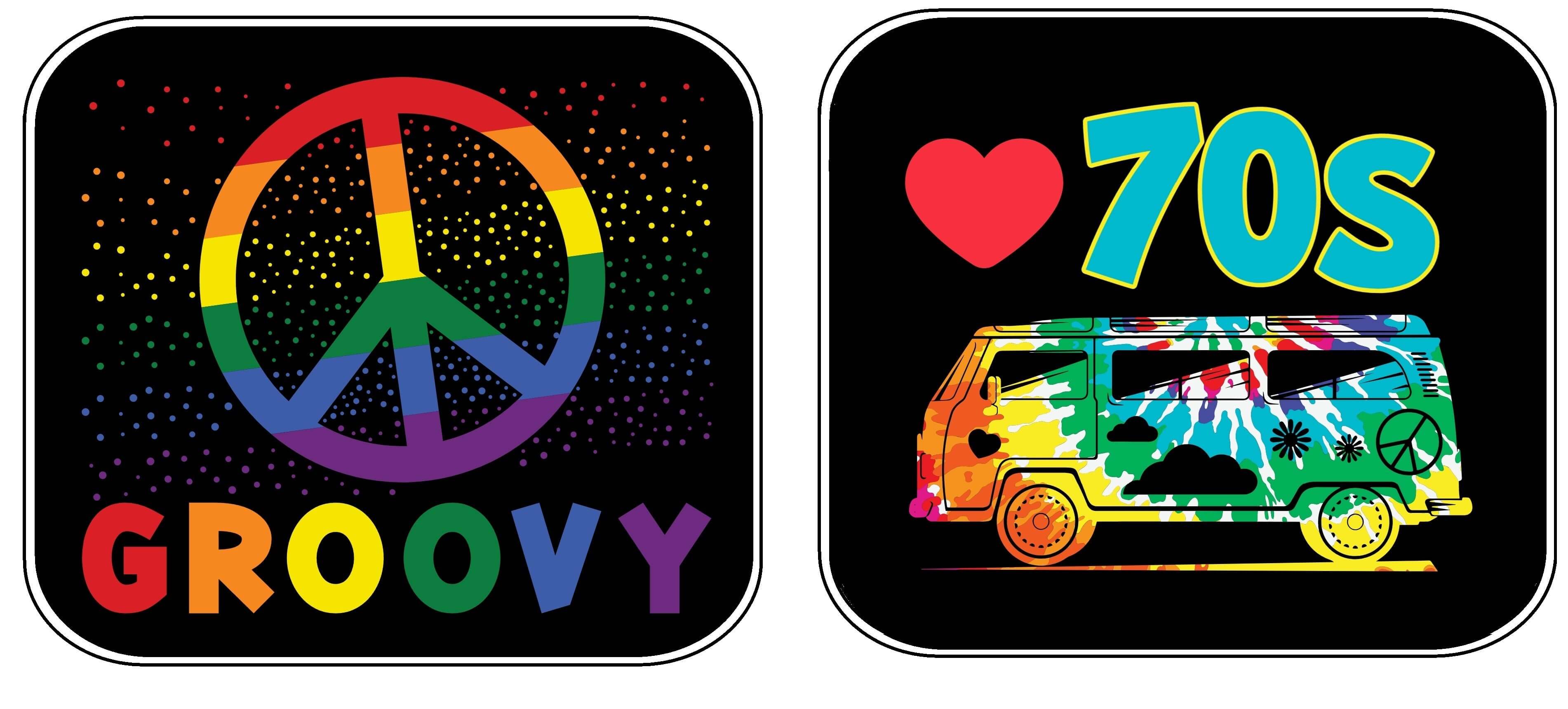 Colorful 70's party prop set featuring a peace sign and a vintage van, perfect for groovy celebrations.