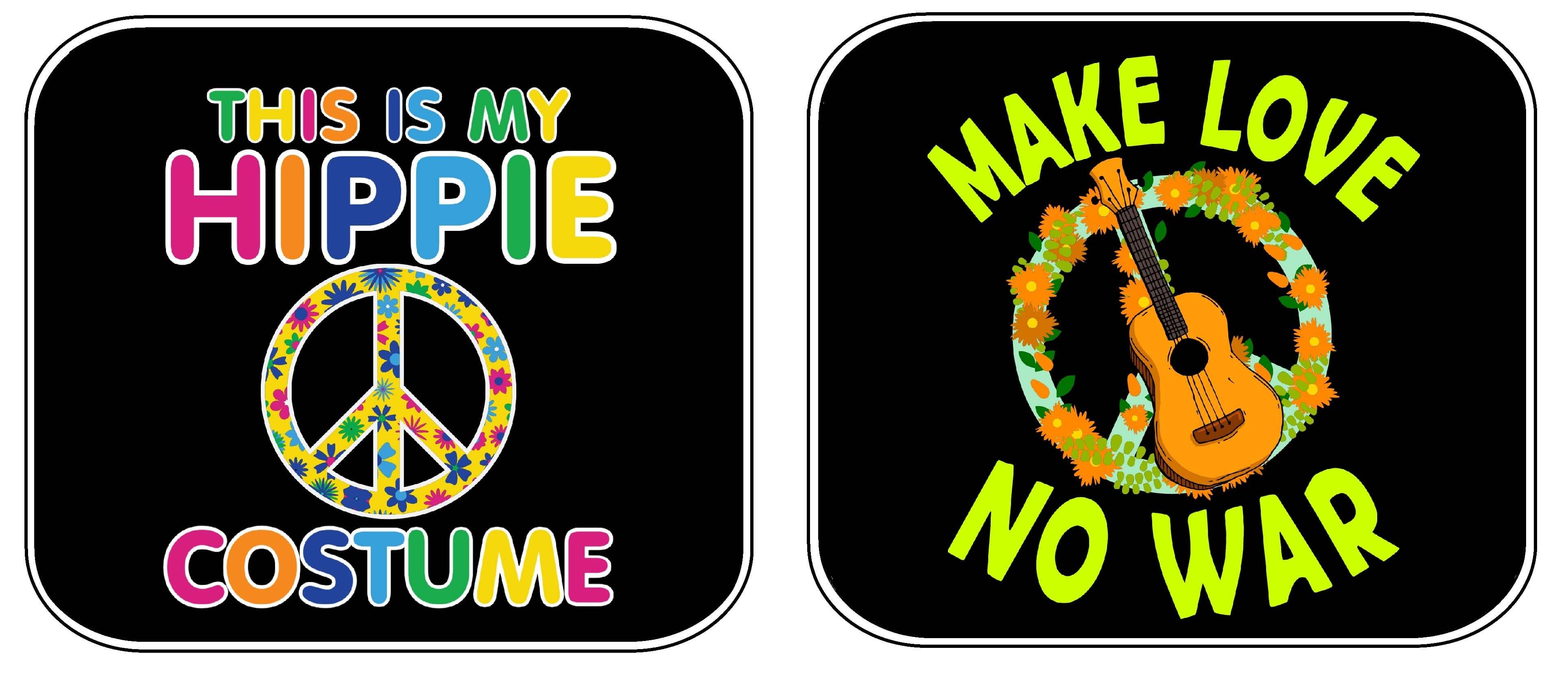 Colorful 70's party props featuring peace signs and groovy messages for vibrant celebrations.