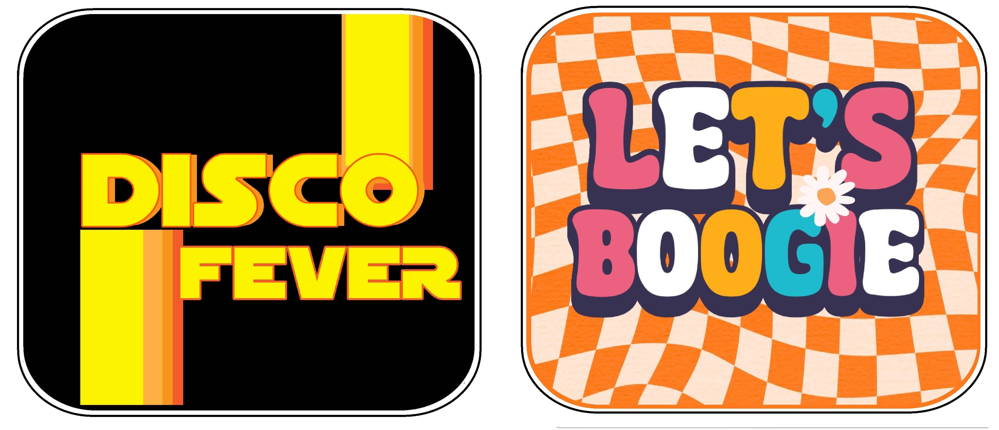 Colorful 70's party prop set with 'Disco Fever' and 'Let's Boogie' text, perfect for groovy themed celebrations.