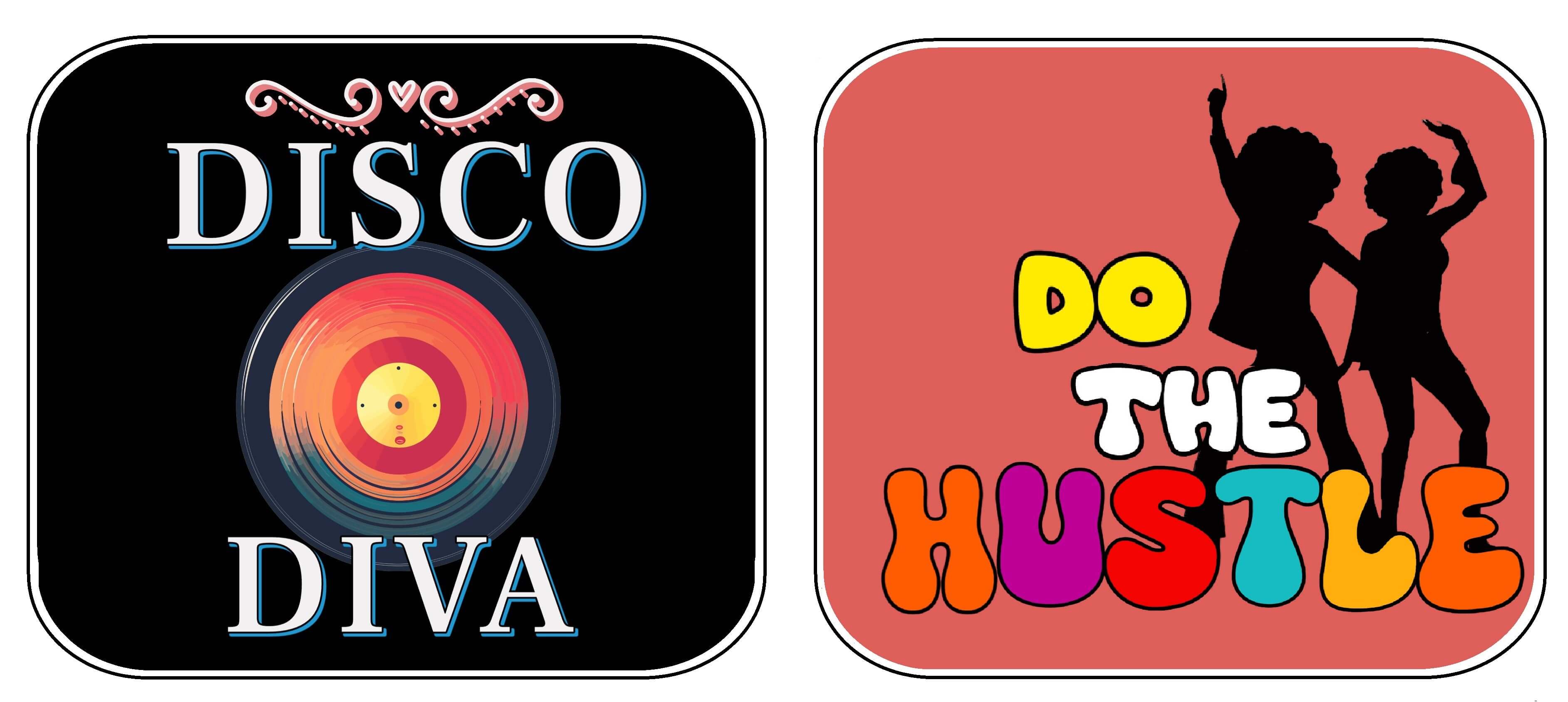 Colorful 70's party props featuring 'Disco Diva' and 'Do The Hustle' designs for groovy celebrations.