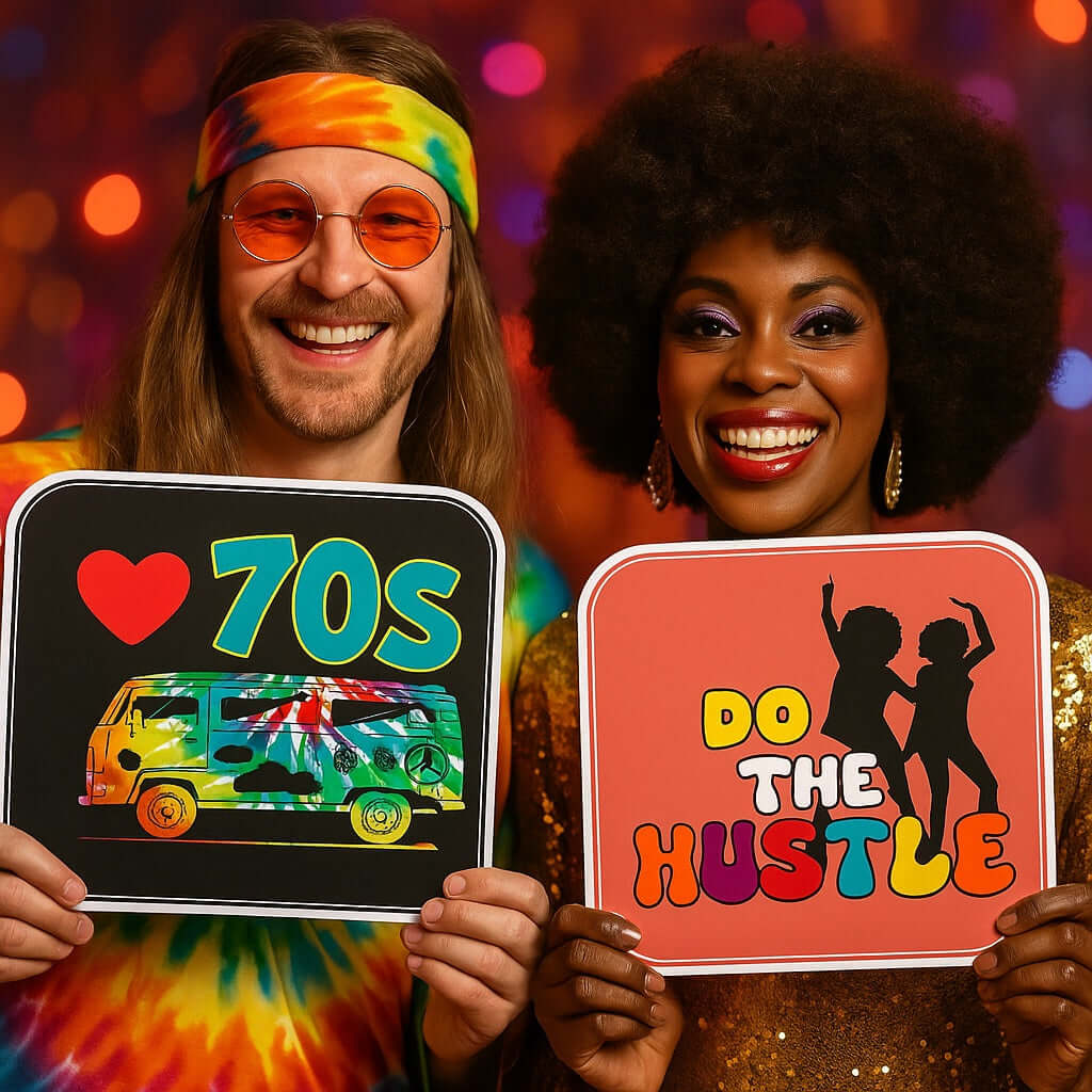 Two friends dressed in 70's attire holding colorful party props: 'Love 70s' and 'Do The Hustle' for a groovy celebration.