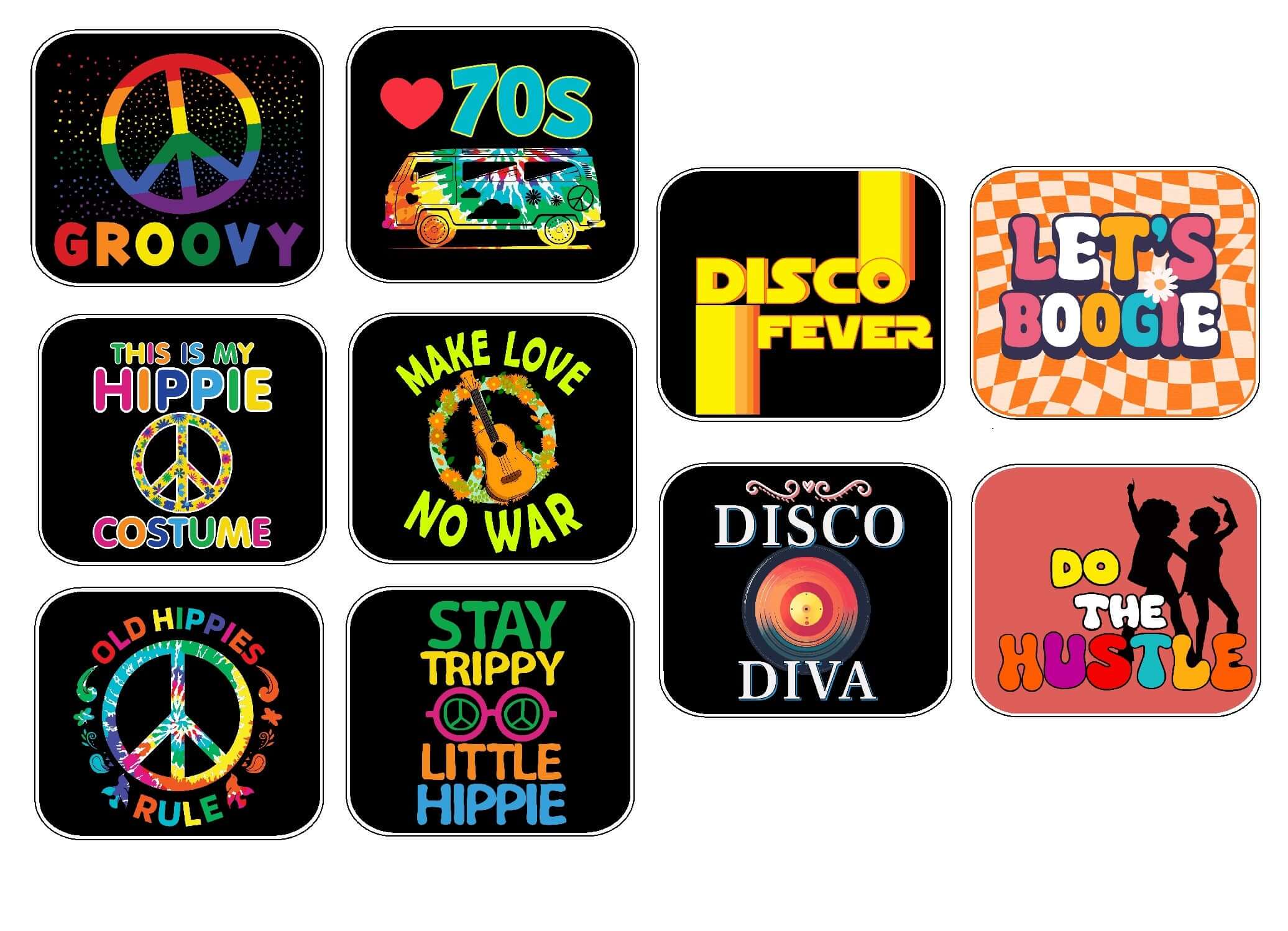 Colorful 70's party prop set with vibrant phrases: 'Groovy', 'Disco Fever', and more, perfect for a retro-themed celebration.