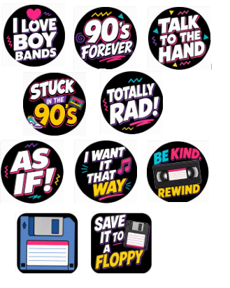 A set of retro Photo booth props 90s-themed party prop designs on a plain white background. The stickers feature bold text like 'I Love Boy Bands,' '90's Forever,' 'Talk to the Hand,' 'Stuck in the 90's,' 'Totally Rad!,' 'As If!,' 'I Want It That Way,' 'Be Kind Rewind,' and 'Save It to a Floppy,' with colorful retro graphics including floppy disks, cassette tapes, and neon-style lettering.
