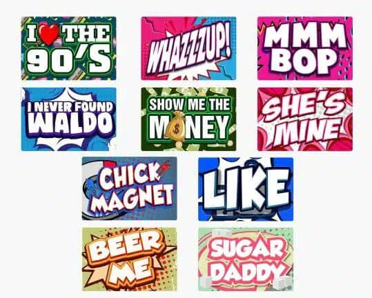 Colorful 90's themed props featuring phrases like 'I Love the 90's', 'Whazzup!', and 'Chick Magnet', perfect for nostalgic fun.