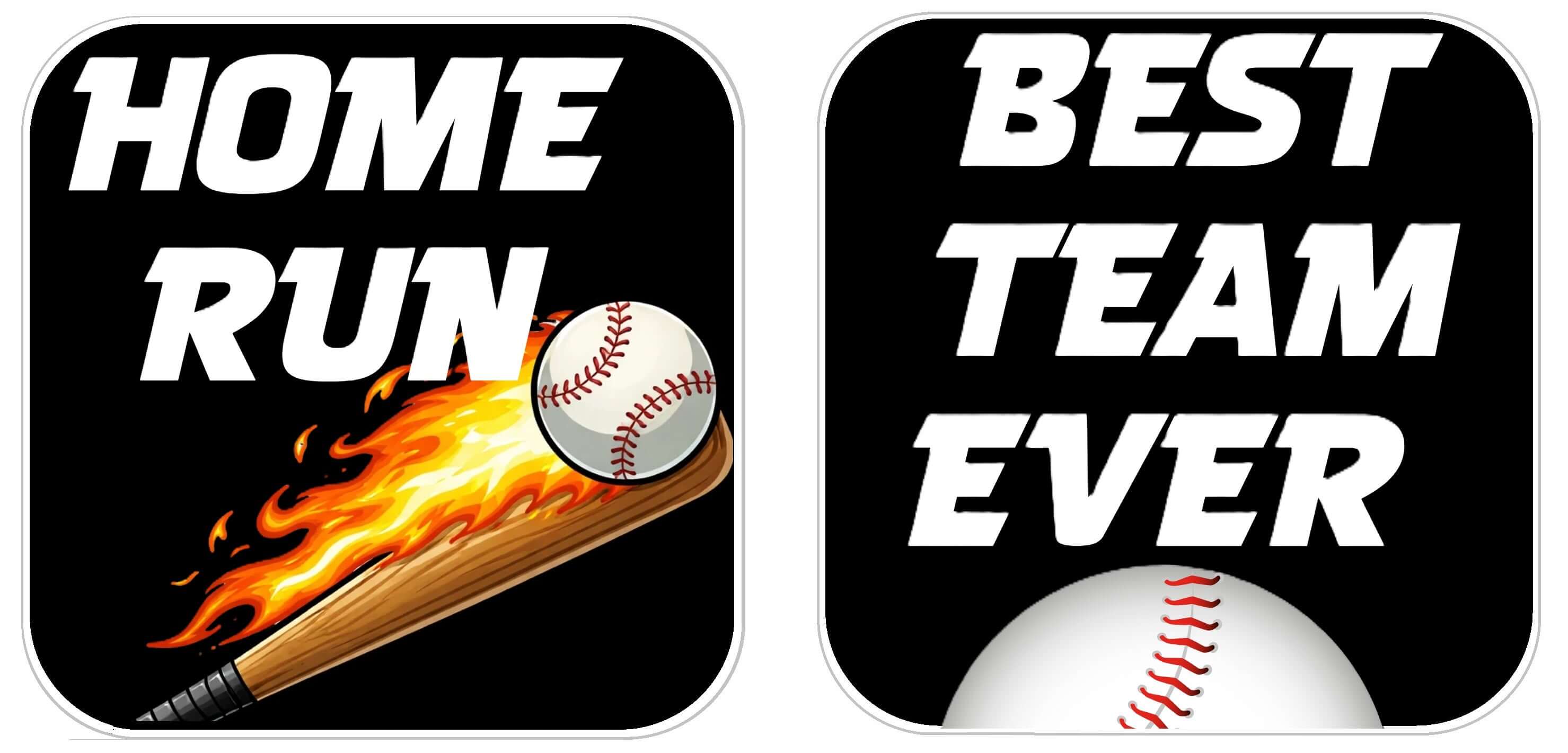 Colorful Baseball Prop Set photo booth props featuring 'Home Run' and 'Best Team Ever' designs with vibrant graphics.