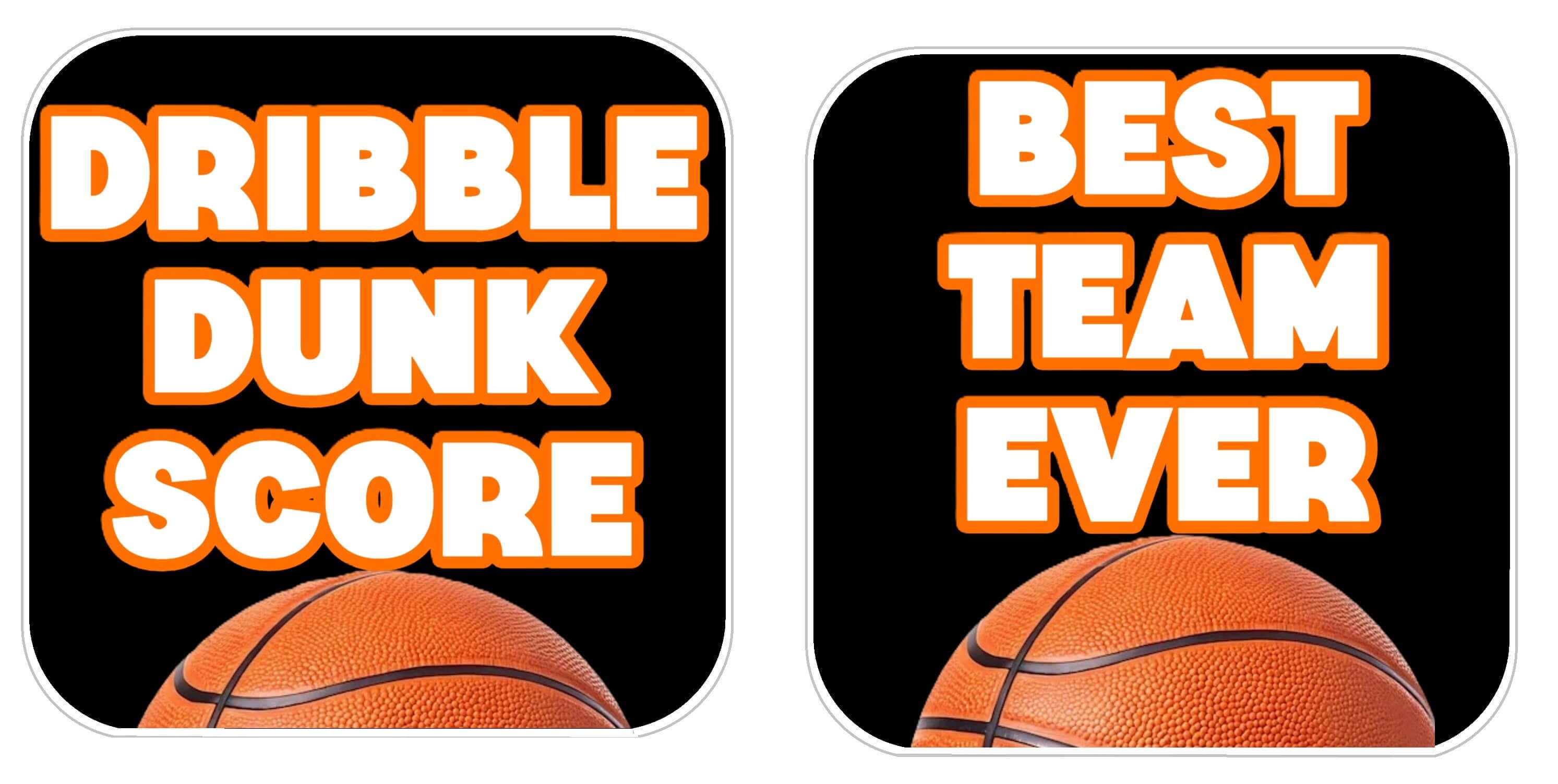 Basketball Prop Set photo booth props featuring vibrant words 'Dribble Dunk Score' and 'Best Team Ever' on a black background.