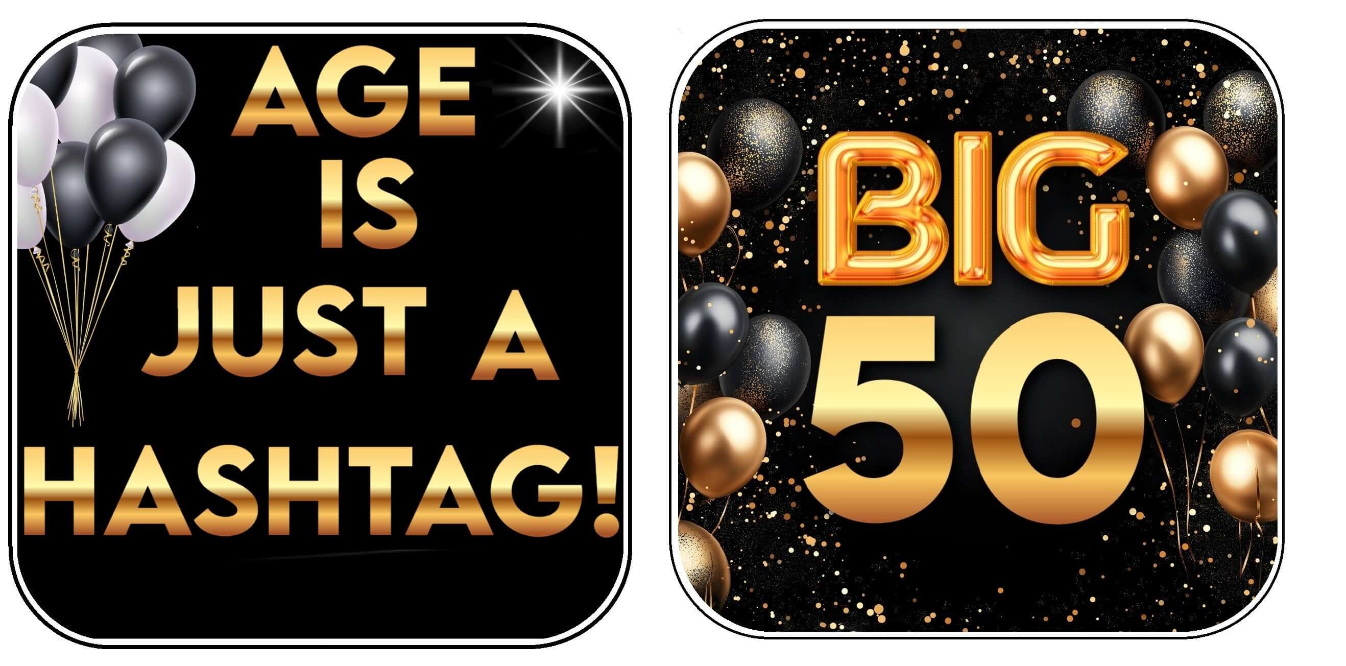 Birthday marks black and gold photo booth props featuring fun hashtags and big age signs, perfect for celebrations.
