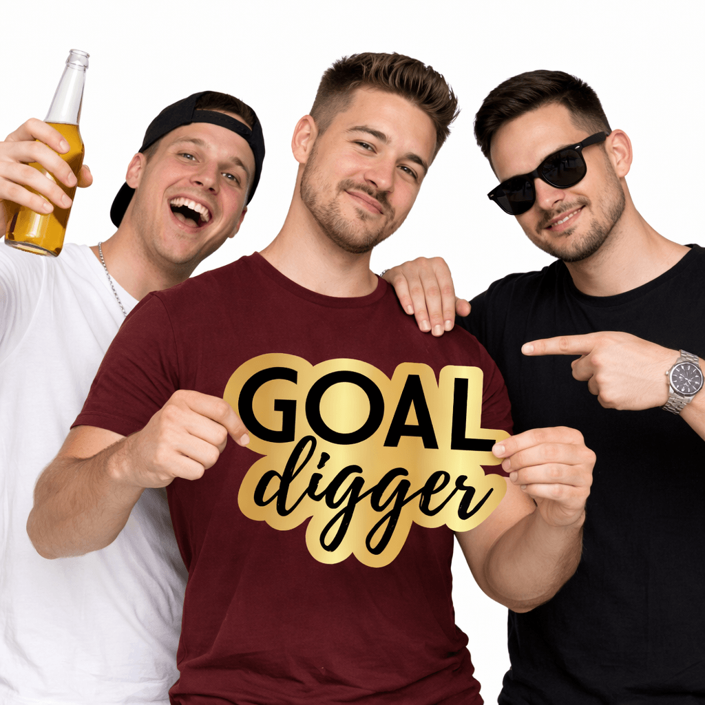 Three happy friends holding a Goal Digger Prop, a stylish photo booth prop for fun celebrations.