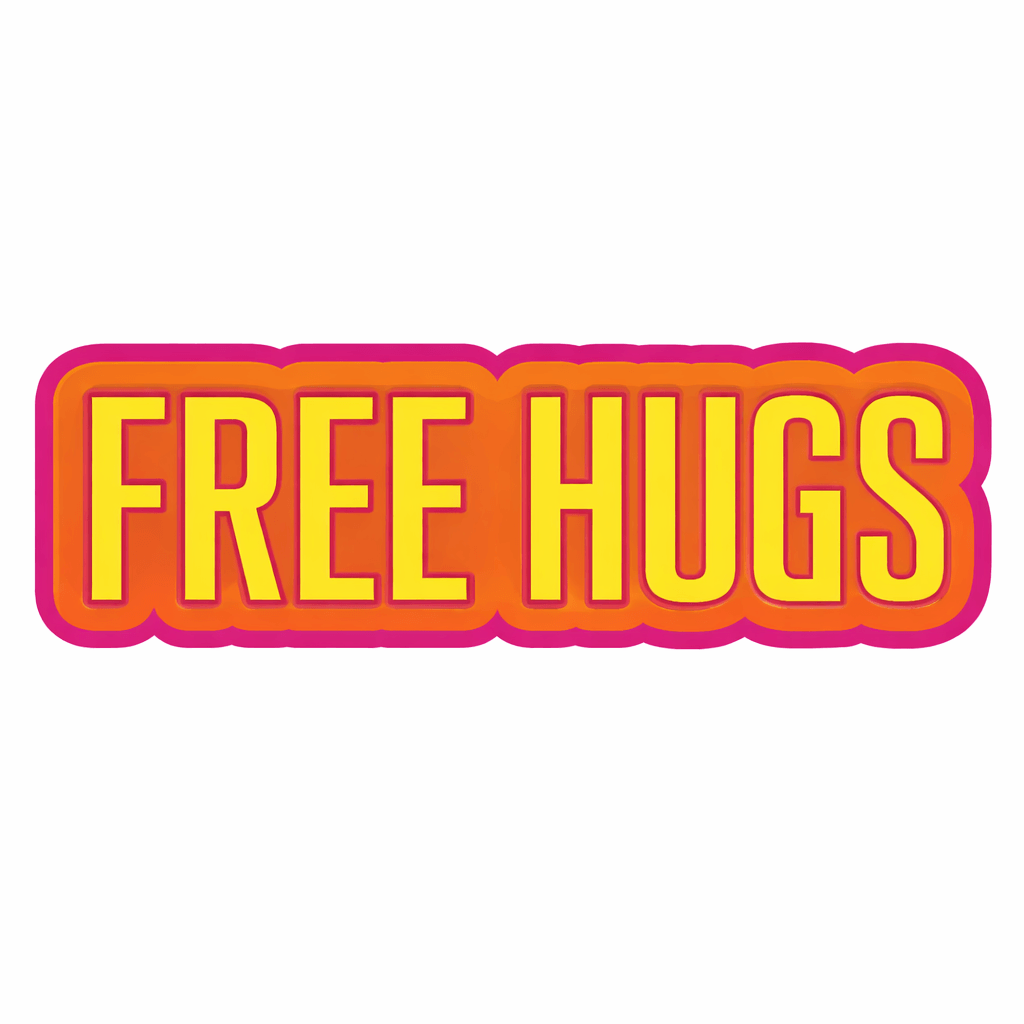 Colorful text graphic of Free Hugs Prop, perfect for photo booth props and events.