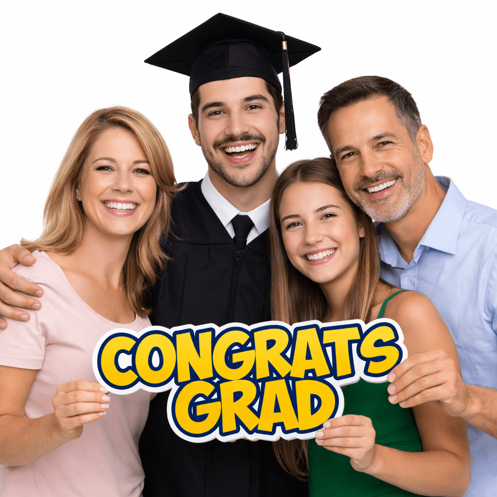 Congrats Grad Graduation Individual Prop shown at a celebration with happy graduates, perfect for photo booth props.
