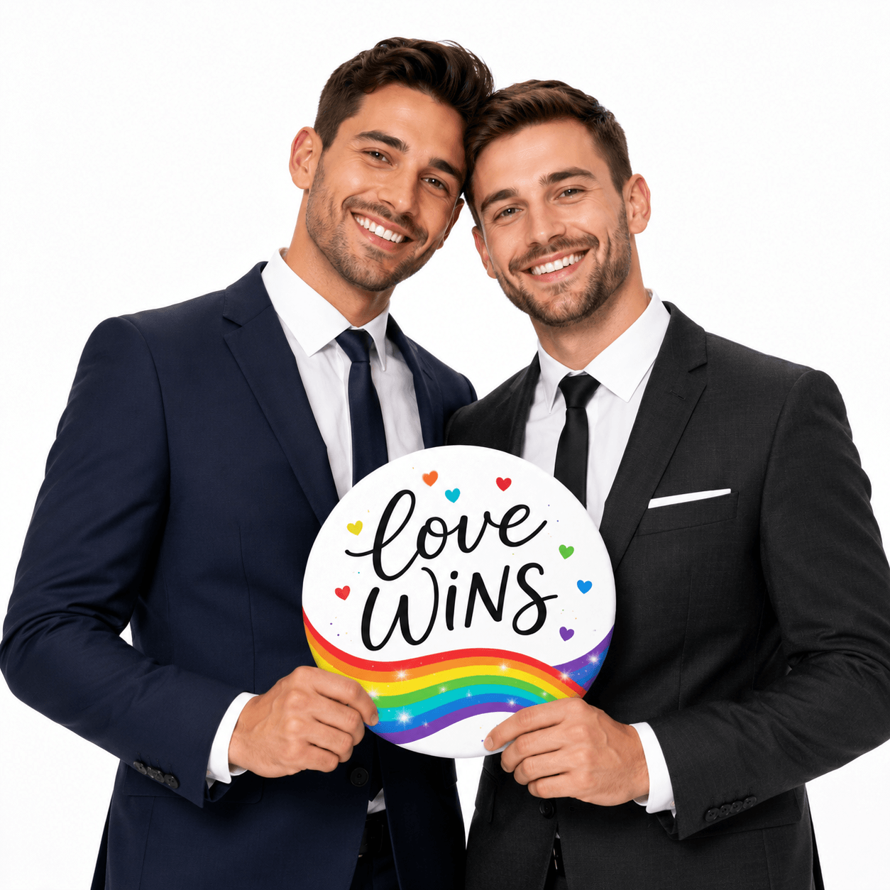 Pride Set - 5 Pieces: Two men holding a colorful photo booth prop saying 'love WINS' for celebrations.