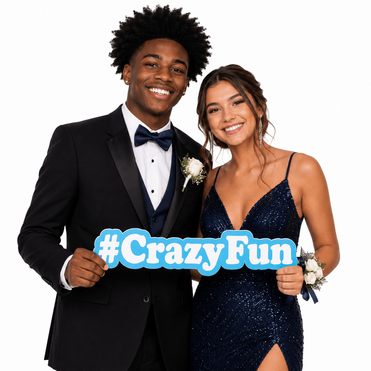 A couple posing in formal attire holding a #CrazyFun PVC Photo Booth Prop, perfect for lively party selfies.