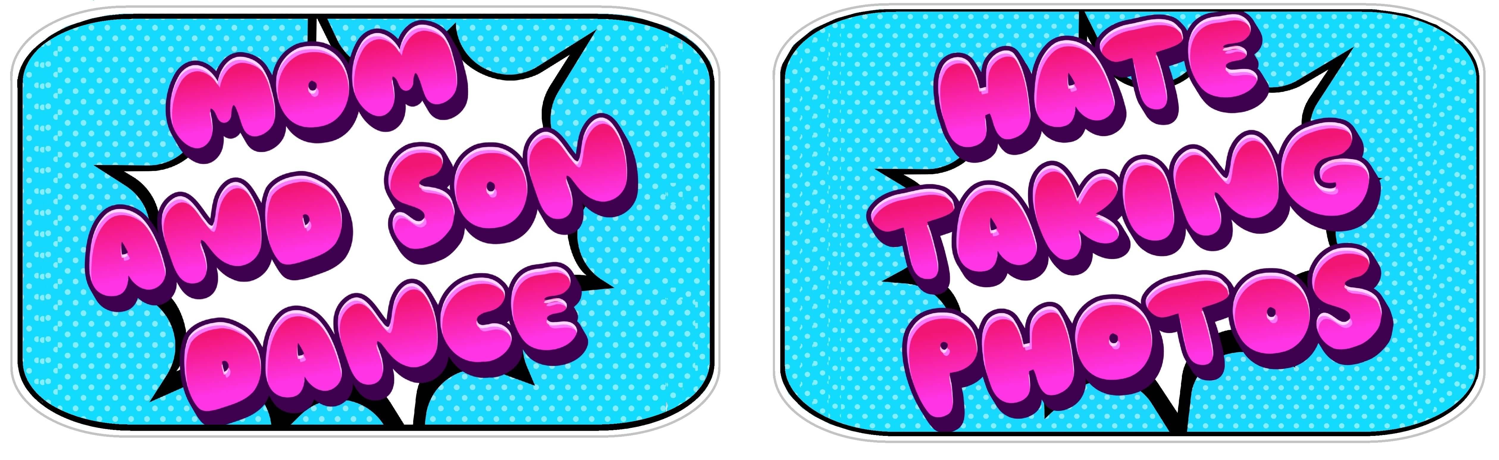 Colorful photo booth props for mom-son dance featuring playful phrases, ideal for memorable events.