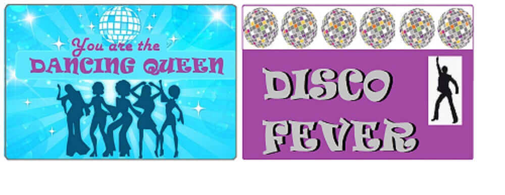 Dancing Queen disco photo booth prop, colorful double-sided design for 70's 80's parties, anti-glare quality.