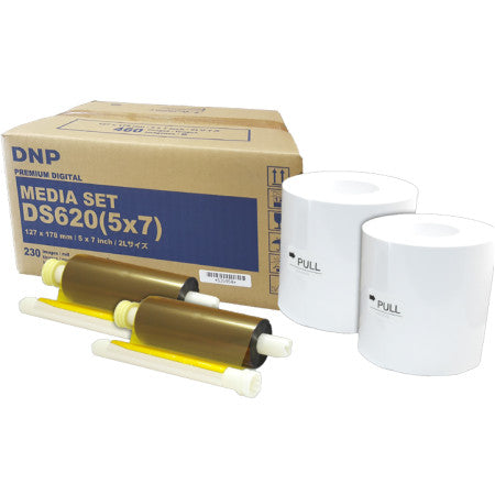DNP 5x7 media set for DS620A printer, including paper and ribbon, ideal for photo booths and events.