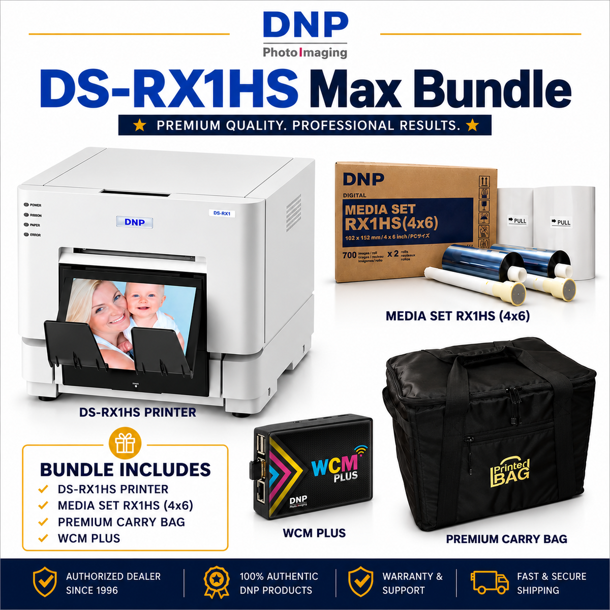 DNP DS-RX1HS Max Bundle with photo printer, 4x6 paper and ribbon media kit, WCM Plus wireless module, and premium carrying bag for photo booth and events