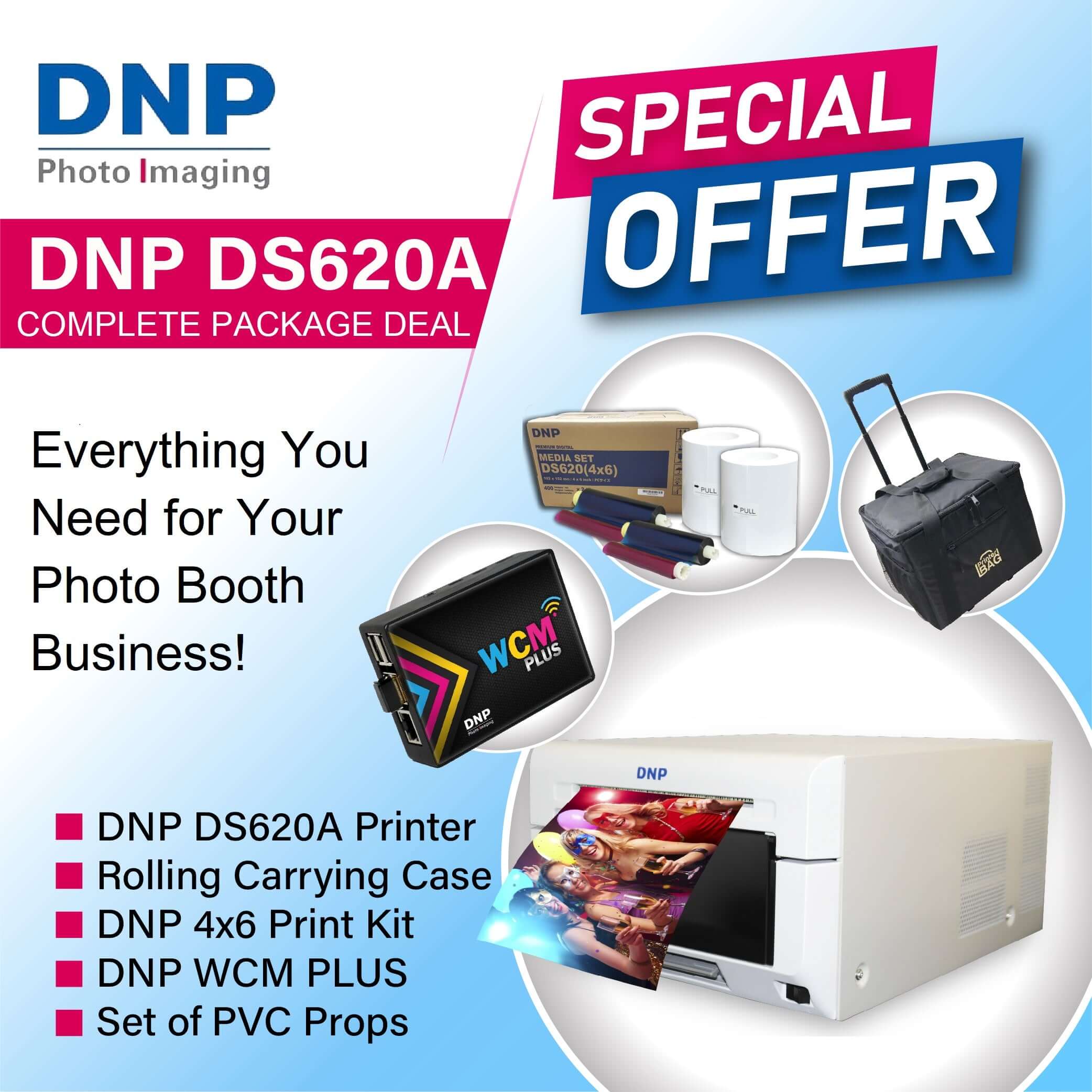 DNP Photo Imaging DNP DS620A photo booth package deal with printer, case, and props on a blue background.