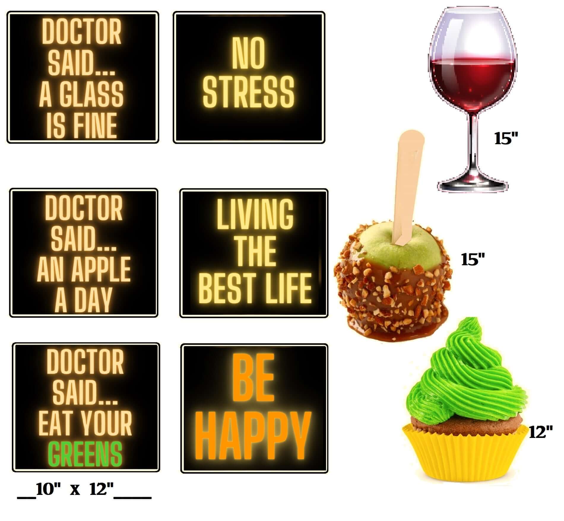 BIG 5 Piece Collection with fun food and drink sayings, including wine, apples, and vibrant cupcakes. Perfect for decor!