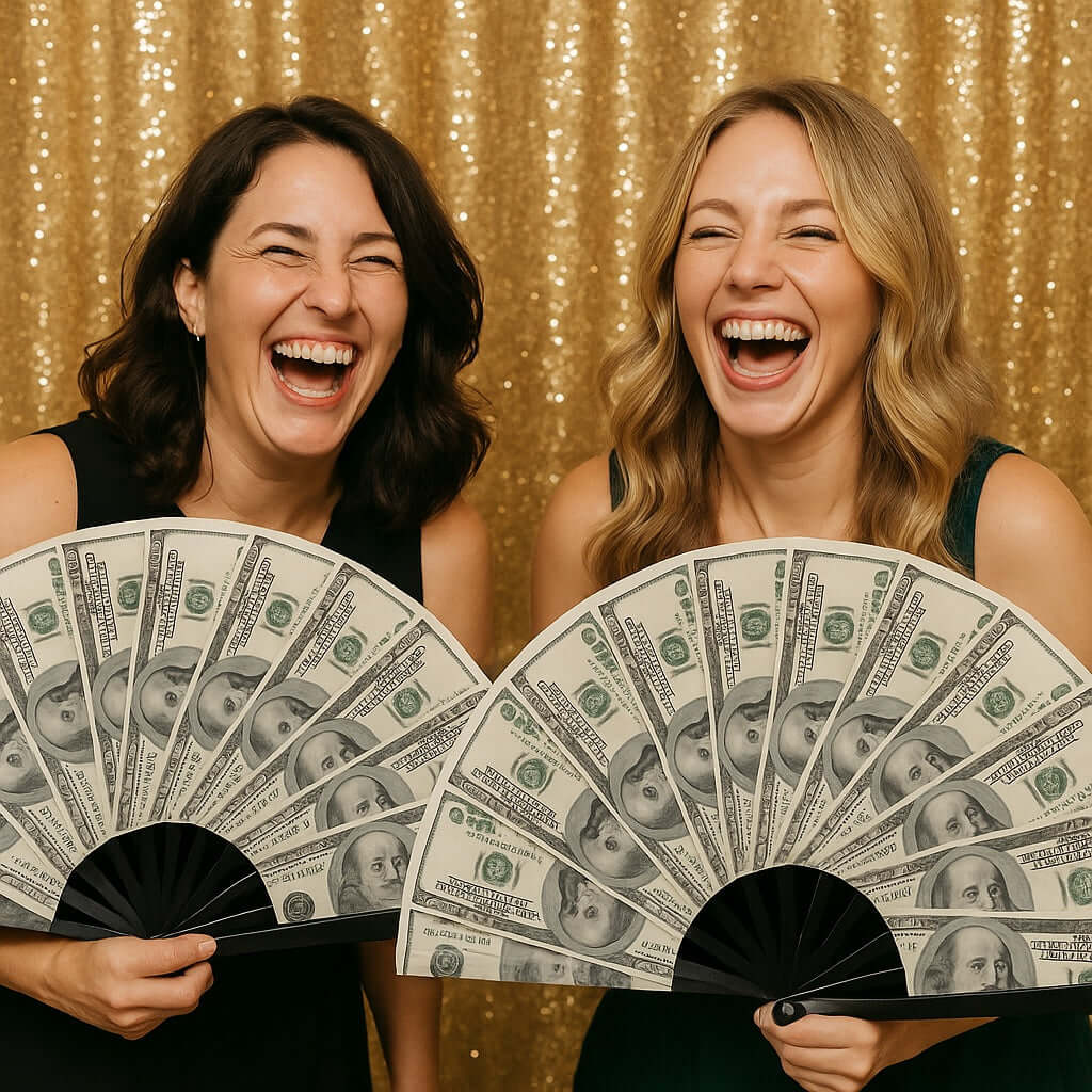 Two women laughing while holding clacking folding money fans, adding fun to an event with a festive backdrop.