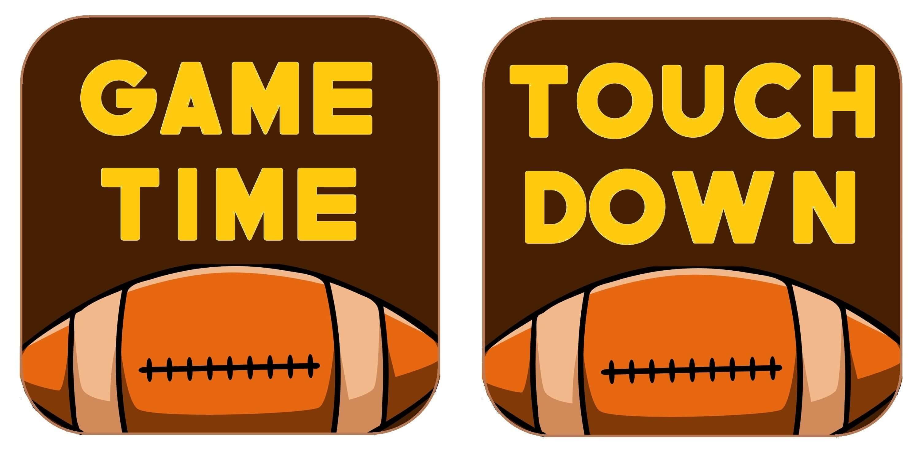 Football Prop Set vibrant and colorful photo booth props with Game Time and Touch Down designs.