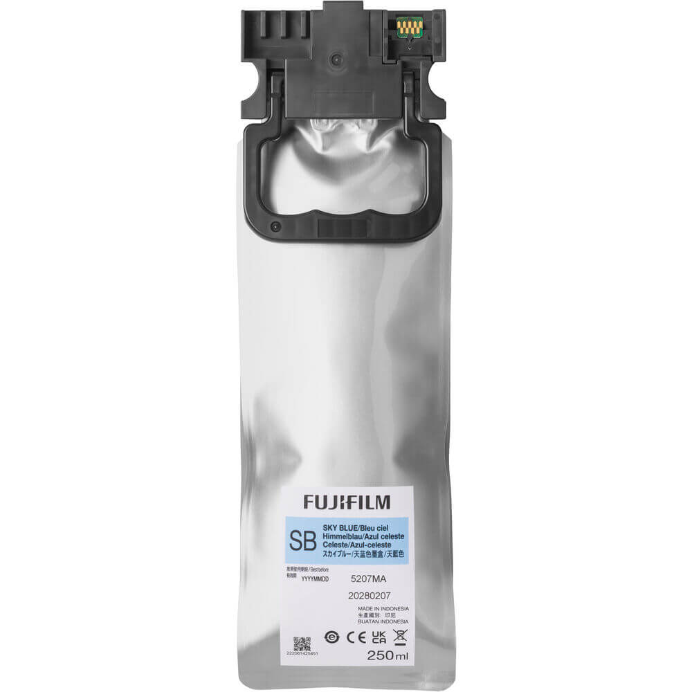 Fujifilm DX400W Sky Blue Ink Supply - 250ml Genuine Pouch 16821030 in silver packaging with connector.