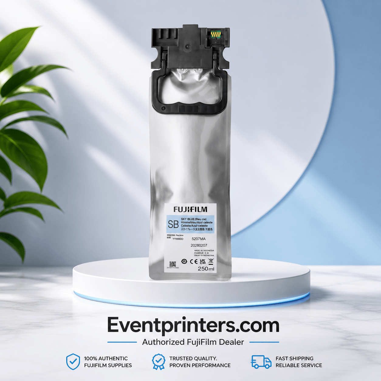 Fujifilm DX400W Sky Blue Ink Supply - 250ml Genuine Pouch 16821030 displayed on a white pedestal with greenery.
