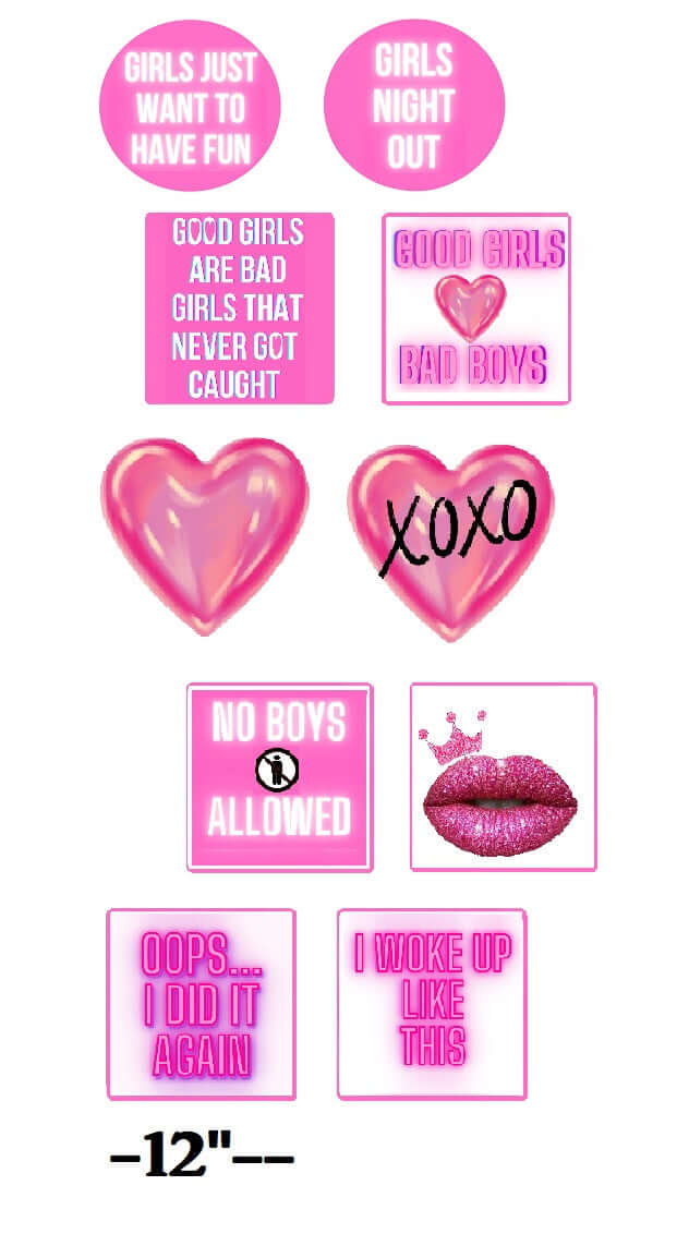 Girls Night Neon Party 12" decorations featuring fun themes like 'No Boys Allowed' and 'Good Girls Bad Boys' in vibrant colors.