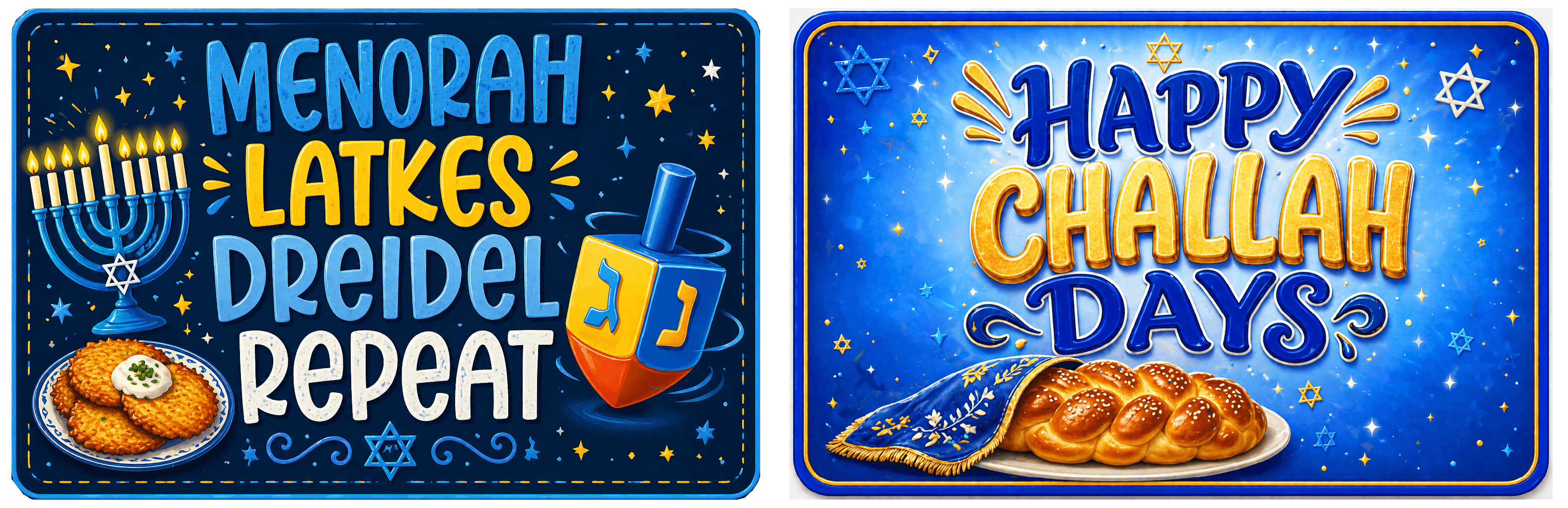 Hanukkah - Photo Booth Sign Props . Set of5 - Double Sided featuring Menorah and Challah illustrations.