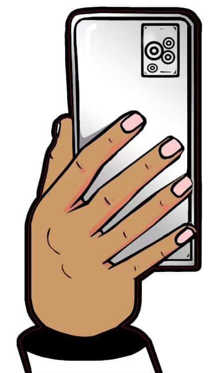 Big hand holding a cellphone prop with PopSocket, ideal for photo booths, 18 inches tall, anti-glare, high-quality design.