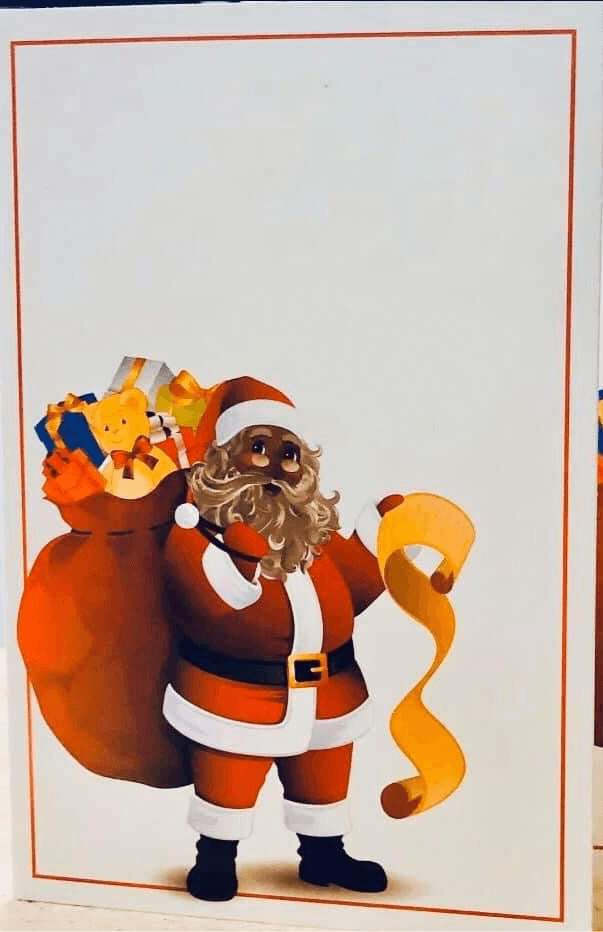 African American Santa Claus illustration with gifts and a scroll, perfect for holiday photo folders.