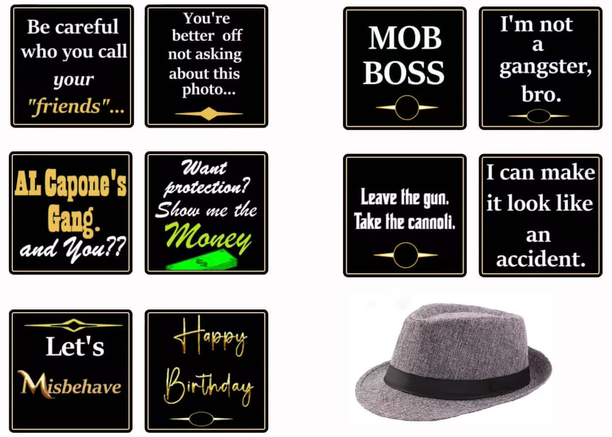 Mob Boss photo booth prop set featuring double-sided signs and a stylish grey fedora hat.
