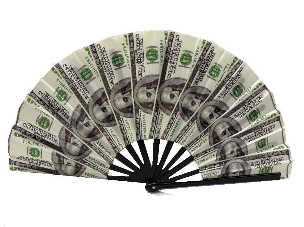 Folding money fan prop with dollar bill design, 13" tall, perfect for adding fun to events.