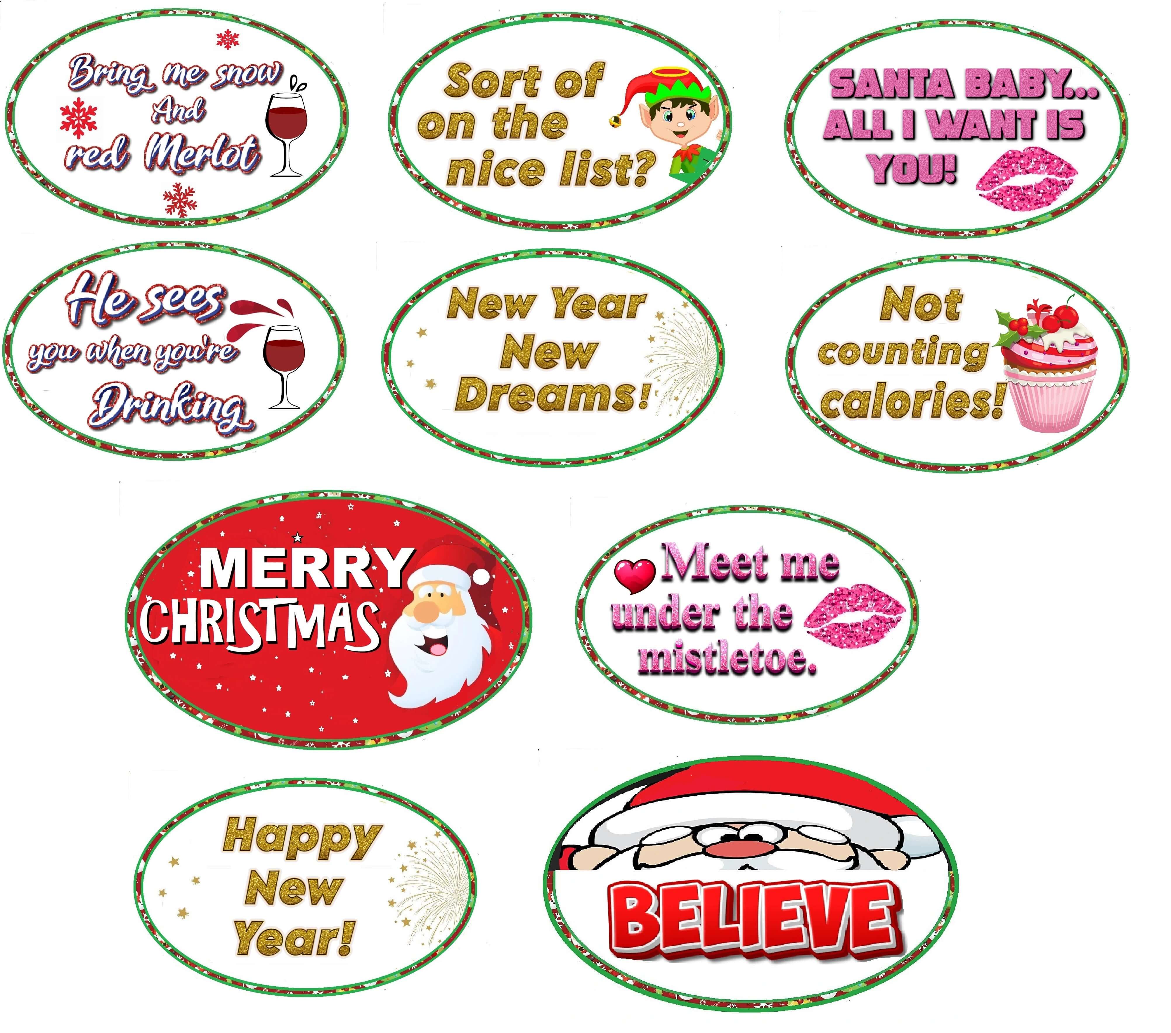 Colorful Christmas photo booth props featuring festive phrases and designs for holiday celebrations.
