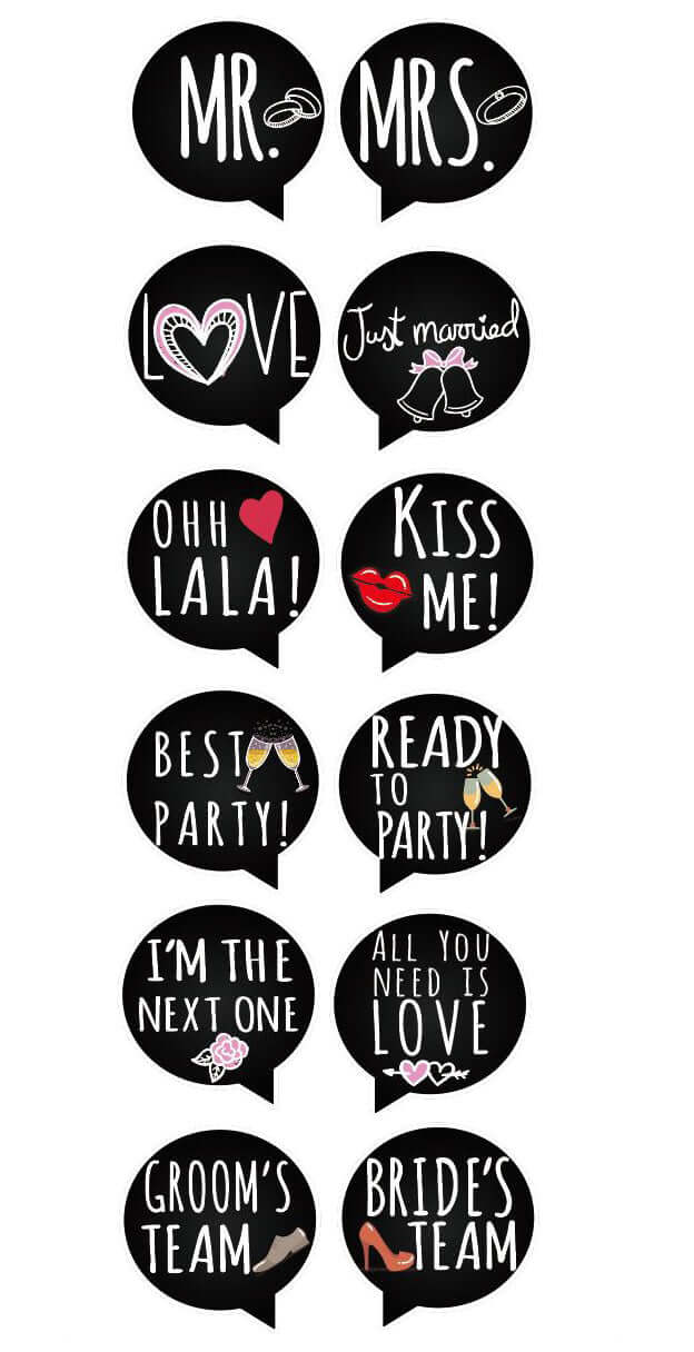 Just Married Wedding Set photo booth props featuring fun signs like Mr., Mrs., Kiss Me, and Best Party!