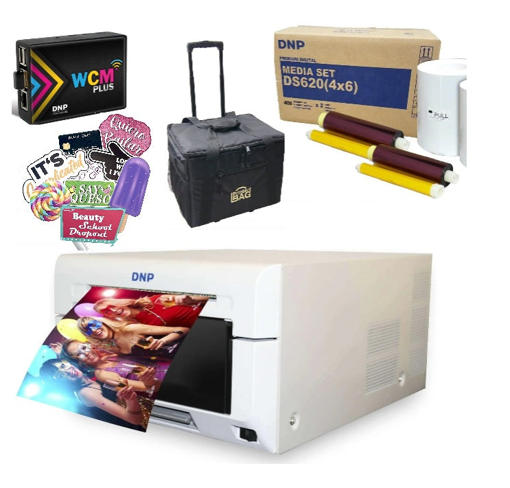 DNP DS620A Printer bundle including WCM Plus, media set, rolling case, and props for professional photo printing.