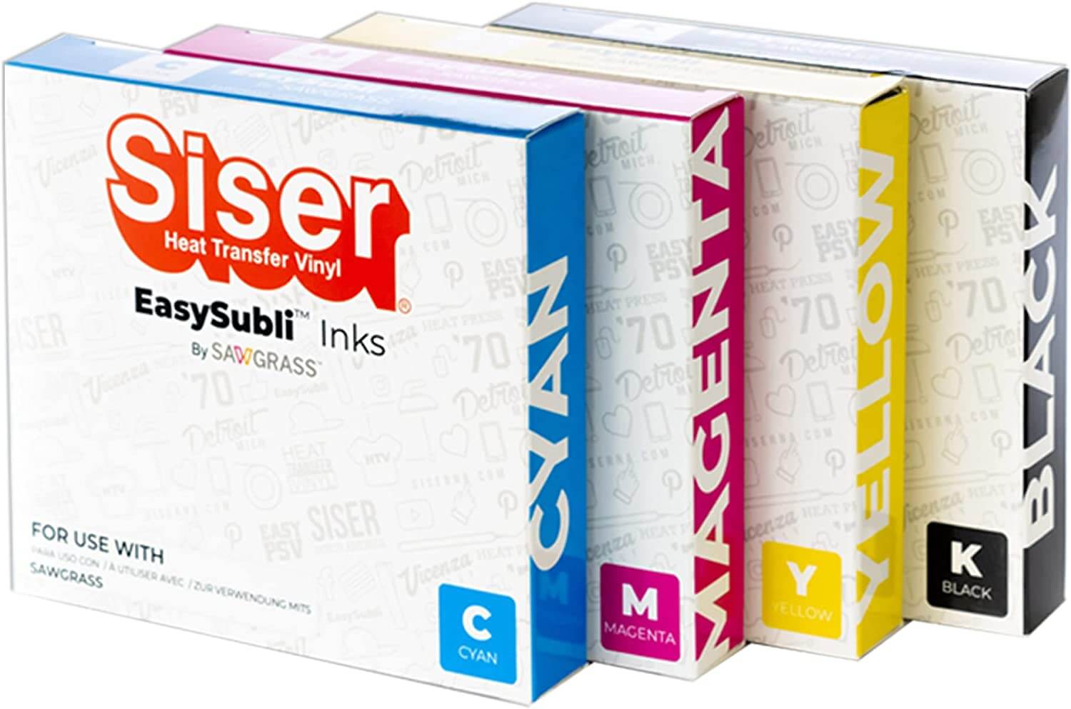 Siser EasySubli sublimation ink in cyan, magenta, yellow, and black, for use with Sawgrass SG500 and SG1000printers.