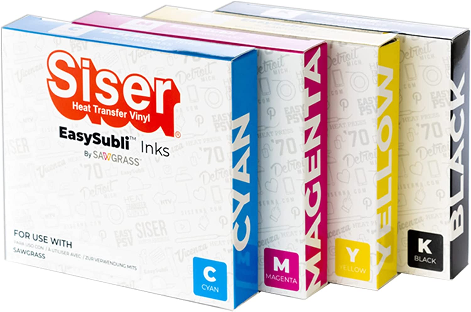 Siser EasySubli sublimation ink in cyan, magenta, yellow, and black, for use with Sawgrass SG500 and SG1000printers.