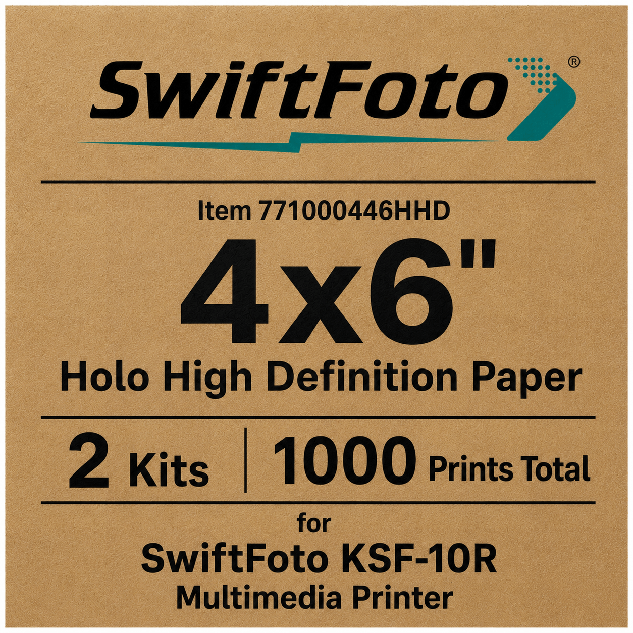SwiftFoto 4x6 ksf 10R Holo High Definition Paper packaging on brown cardboard