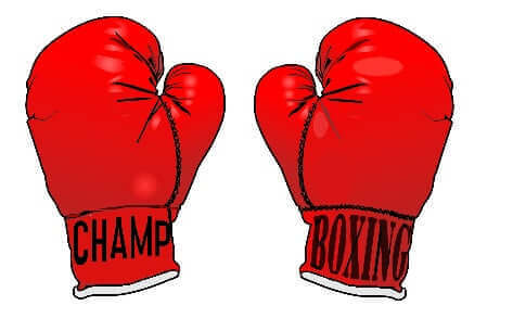 Colorful red boxing gloves with 'CHAMP' and 'BOXING' labels, perfect for photo booth props and party decorations.