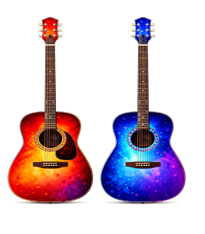 Photo Booth props - NEW Bigger Musical Instruments- Band collection featuring colorful guitars in gradient orange and blue designs.